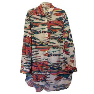 Jayley S/M Oversized Silk Blend Blouse Colorful Feathers‎ Shirt Lagen Look Boho